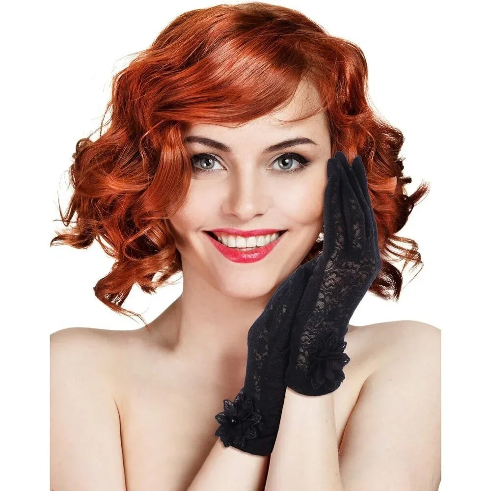 Women's Black Fingerless Floral Short Lace Gloves Party Tea Halloween Wedding
